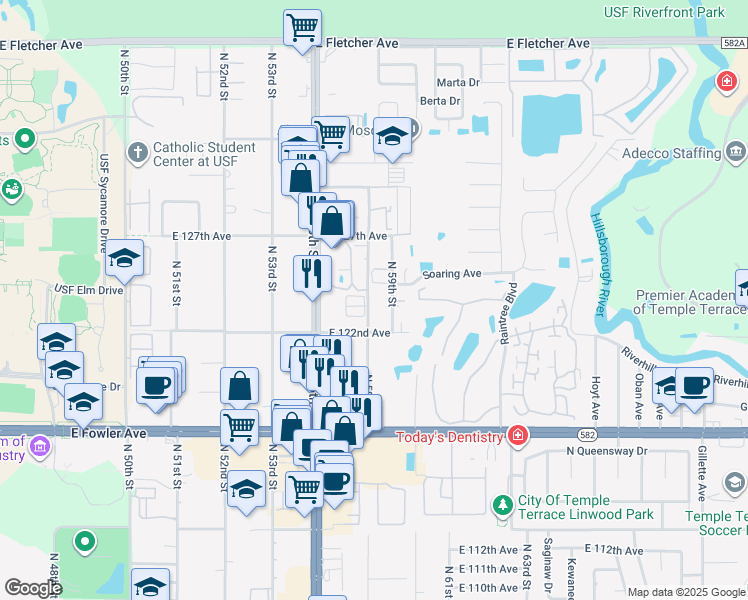 map of restaurants, bars, coffee shops, grocery stores, and more near 12206 North 59th Street in Tampa