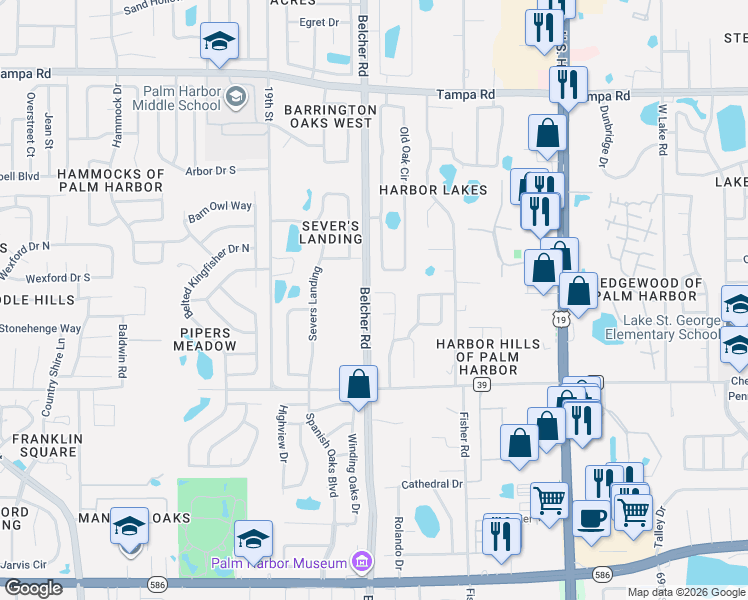 map of restaurants, bars, coffee shops, grocery stores, and more near 2111 Colusa Court in Palm Harbor
