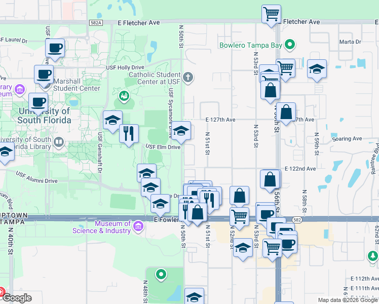 map of restaurants, bars, coffee shops, grocery stores, and more near 5182 Sunridge Palms Drive in Tampa