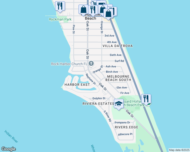 map of restaurants, bars, coffee shops, grocery stores, and more near 1908 Cedar Lane in Melbourne Beach