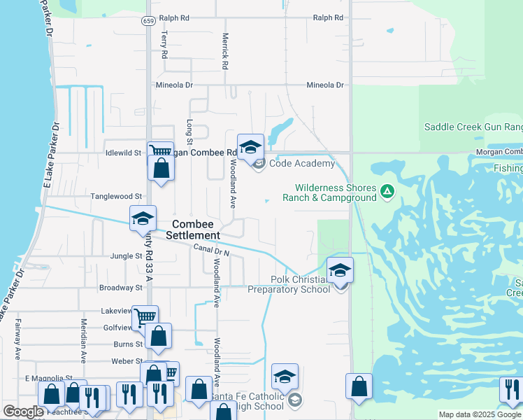 map of restaurants, bars, coffee shops, grocery stores, and more near 1201 Enchanted Drive in Lakeland