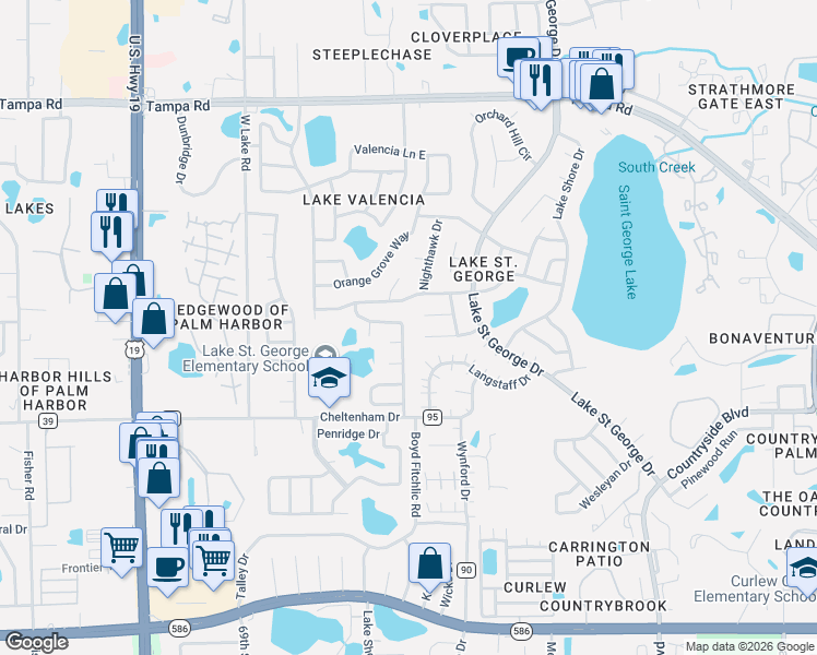 map of restaurants, bars, coffee shops, grocery stores, and more near 2752 Cactus Hill Place in Palm Harbor