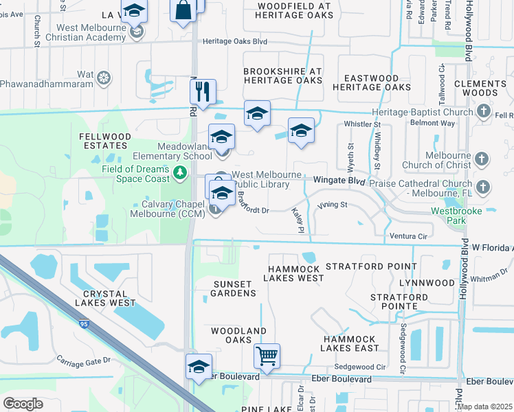 map of restaurants, bars, coffee shops, grocery stores, and more near 2726 Bradfordt Drive in West Melbourne