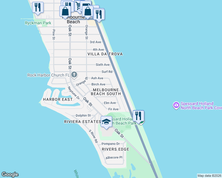map of restaurants, bars, coffee shops, grocery stores, and more near 203 Cherry Drive in Melbourne Beach