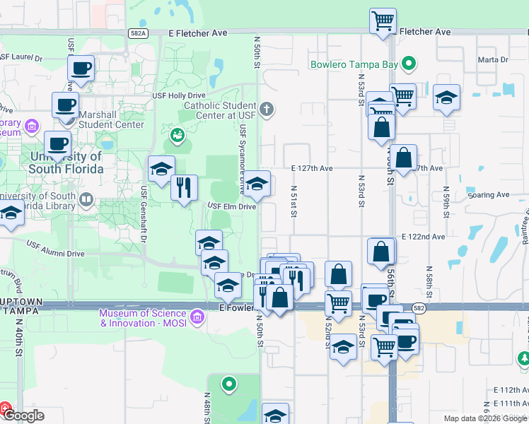 map of restaurants, bars, coffee shops, grocery stores, and more near 5110 Sunridge Palms Drive in Tampa