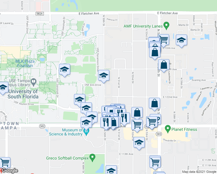 map of restaurants, bars, coffee shops, grocery stores, and more near 5198 Sunridge Palms Drive in Tampa