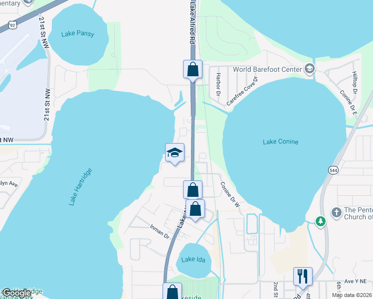 map of restaurants, bars, coffee shops, grocery stores, and more near 3545 Lake Alfred Road in Winter Haven