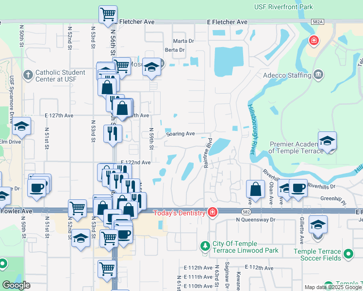 map of restaurants, bars, coffee shops, grocery stores, and more near 6008 Laketree Lane in Tampa