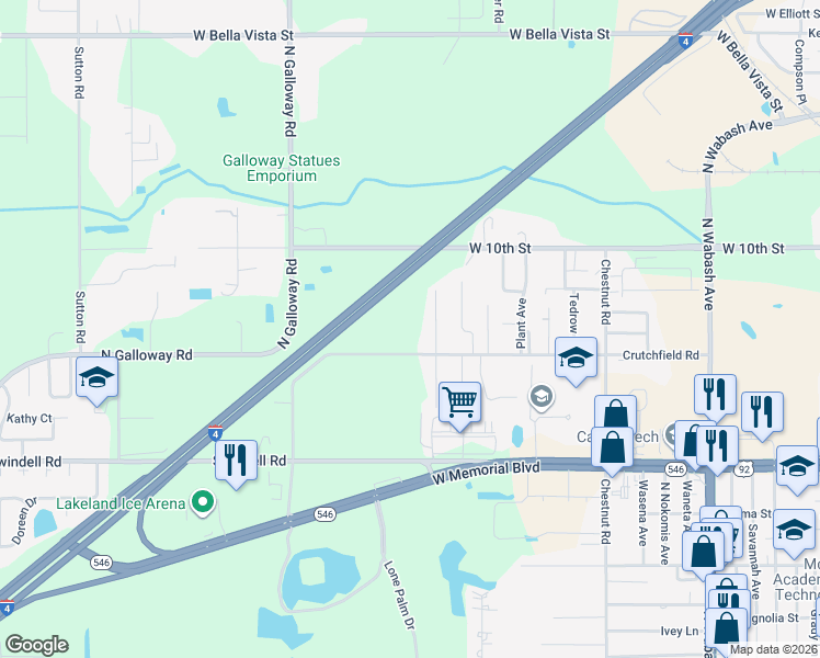 map of restaurants, bars, coffee shops, grocery stores, and more near 3011 Crutchfield Road in Lakeland