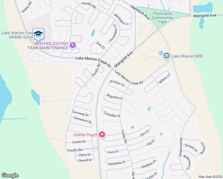 map of restaurants, bars, coffee shops, grocery stores, and more near 329 Begonia Court in Poinciana