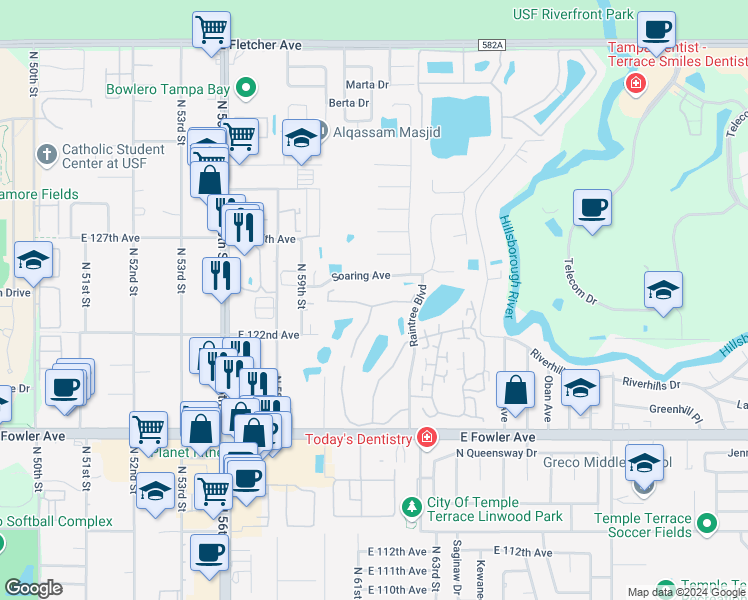 map of restaurants, bars, coffee shops, grocery stores, and more near 6011 Laketree Lane in Tampa