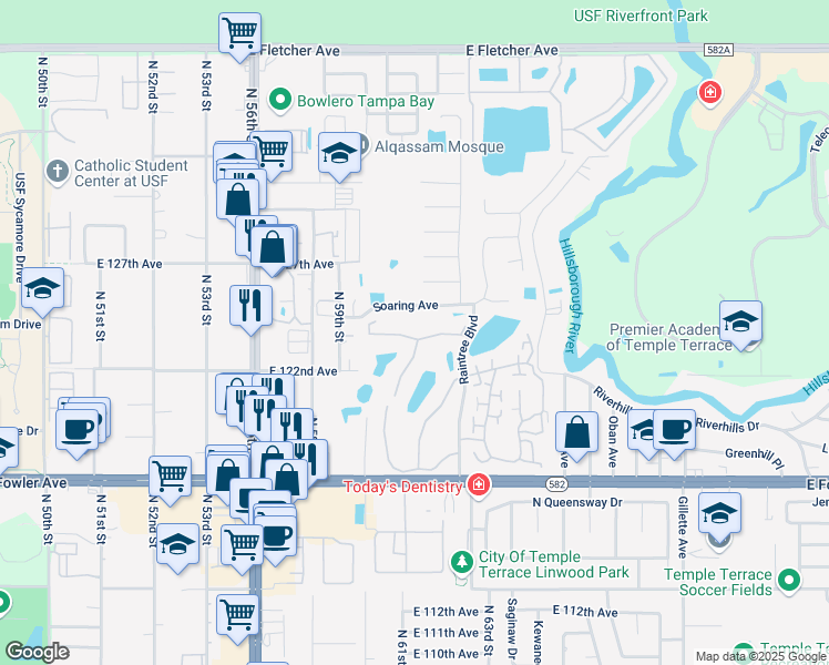 map of restaurants, bars, coffee shops, grocery stores, and more near 6011 Laketree Lane in Tampa