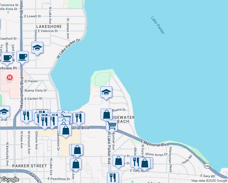 map of restaurants, bars, coffee shops, grocery stores, and more near 1201 Evergreen Drive in Lakeland