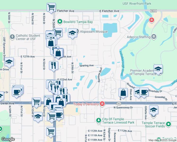 map of restaurants, bars, coffee shops, grocery stores, and more near 6011 Laketree Lane in Tampa