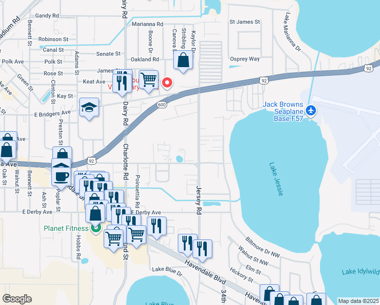 map of restaurants, bars, coffee shops, grocery stores, and more near 919 Old Winter Haven Road in Auburndale