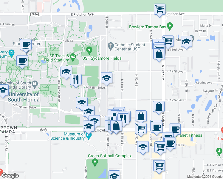 map of restaurants, bars, coffee shops, grocery stores, and more near 5140 Sunridge Palms Drive in Tampa