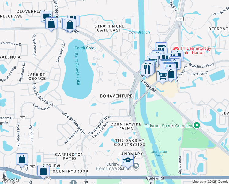 map of restaurants, bars, coffee shops, grocery stores, and more near 3016 Bonaventure Circle in Palm Harbor