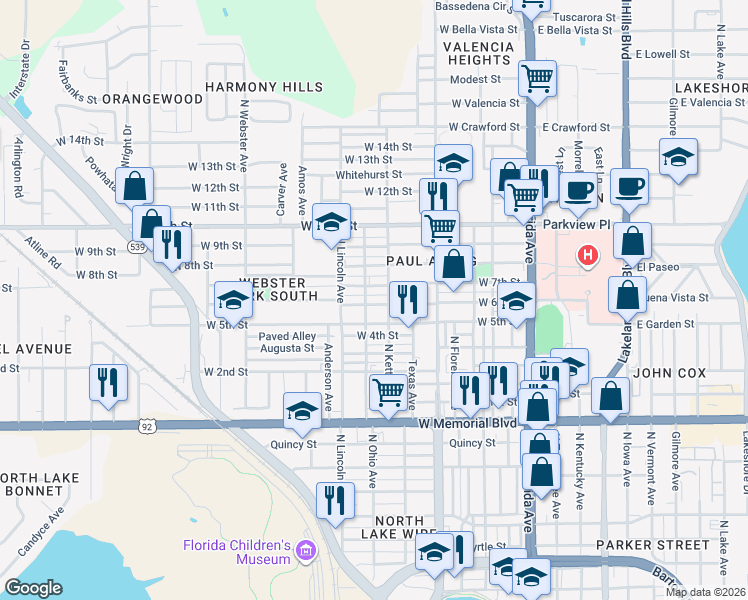 map of restaurants, bars, coffee shops, grocery stores, and more near 641 West 6th Street in Lakeland
