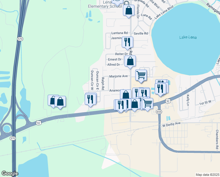 map of restaurants, bars, coffee shops, grocery stores, and more near 126 Anarece Avenue in Auburndale