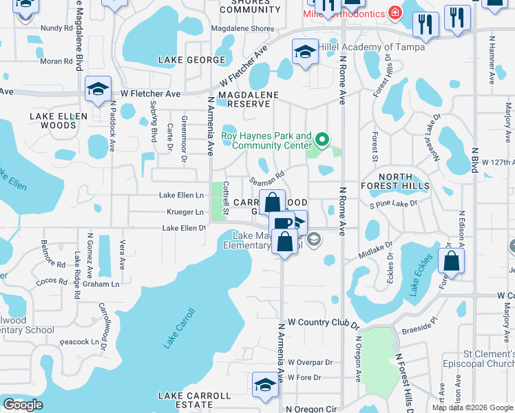 map of restaurants, bars, coffee shops, grocery stores, and more near in Greater Carrollwood