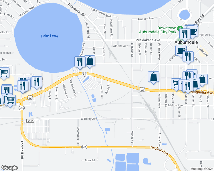 map of restaurants, bars, coffee shops, grocery stores, and more near 8 Sandy Lane in Auburndale