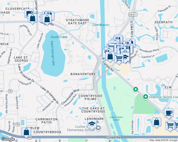 map of restaurants, bars, coffee shops, grocery stores, and more near 3004 Bonaventure Circle in Palm Harbor