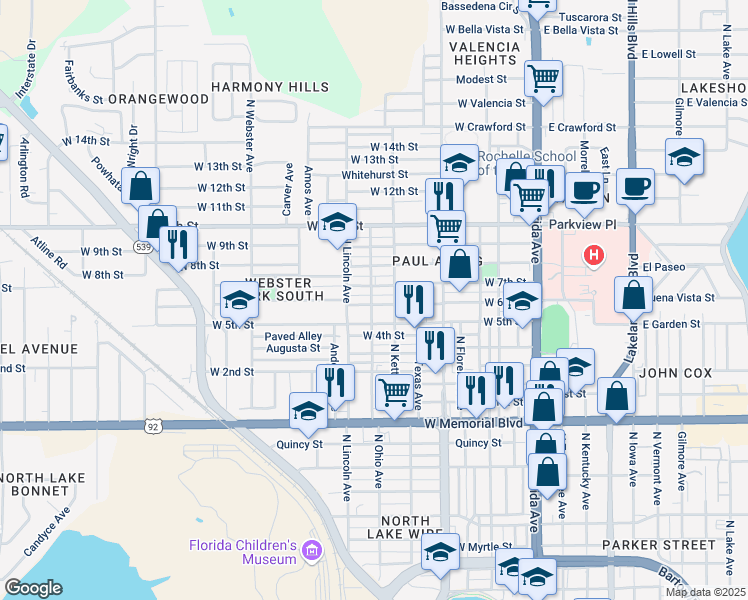 map of restaurants, bars, coffee shops, grocery stores, and more near 649 West 5th Street in Lakeland