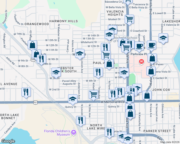 map of restaurants, bars, coffee shops, grocery stores, and more near 649 West 5th Street in Lakeland