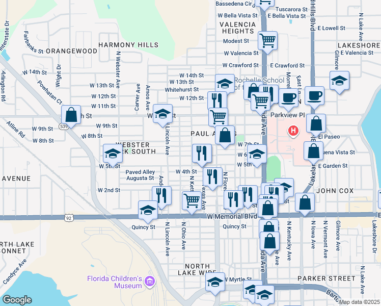 map of restaurants, bars, coffee shops, grocery stores, and more near 618 West 6th Street in Lakeland
