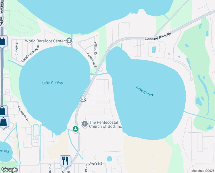 map of restaurants, bars, coffee shops, grocery stores, and more near 332 Winter Ridge Boulevard in Winter Haven