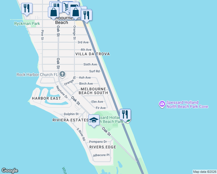 map of restaurants, bars, coffee shops, grocery stores, and more near 1980 Atlantic Street in Melbourne Beach
