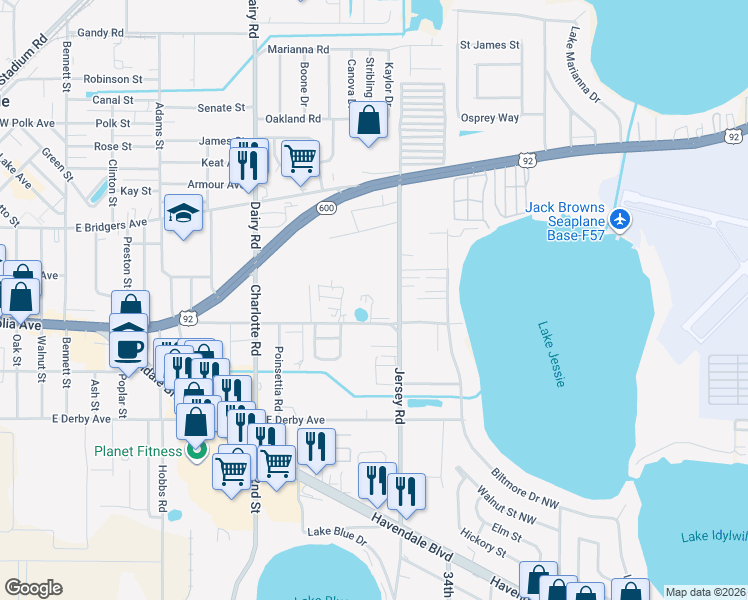 map of restaurants, bars, coffee shops, grocery stores, and more near 919 Old Winter Haven Road in Auburndale