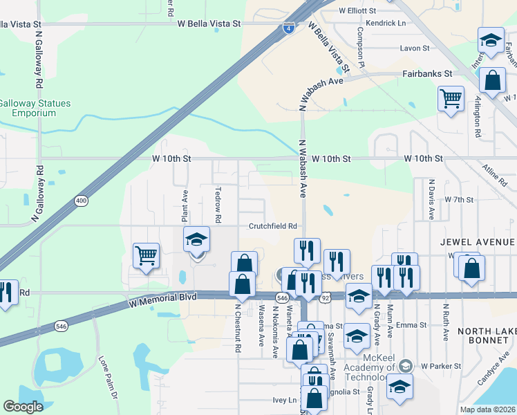 map of restaurants, bars, coffee shops, grocery stores, and more near 2222 Chestnut Hills Drive in Lakeland