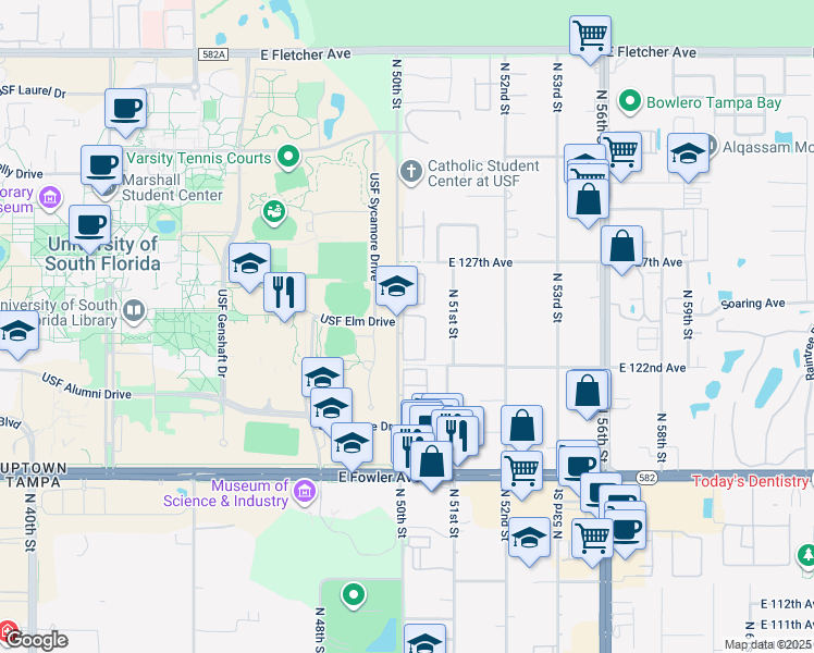 map of restaurants, bars, coffee shops, grocery stores, and more near 5182 Sunridge Palms Drive in Tampa