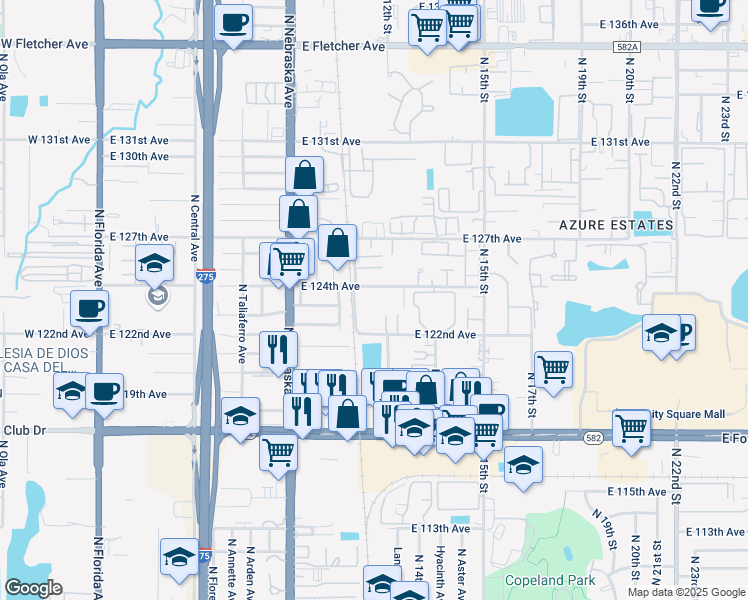map of restaurants, bars, coffee shops, grocery stores, and more near 12206 North 12th Street in Tampa