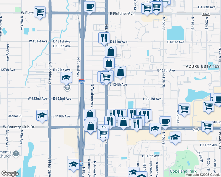 map of restaurants, bars, coffee shops, grocery stores, and more near 907 East 123rd Avenue in Tampa