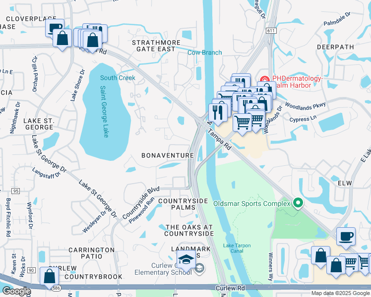 map of restaurants, bars, coffee shops, grocery stores, and more near 2990 Bonaventure Circle in Palm Harbor