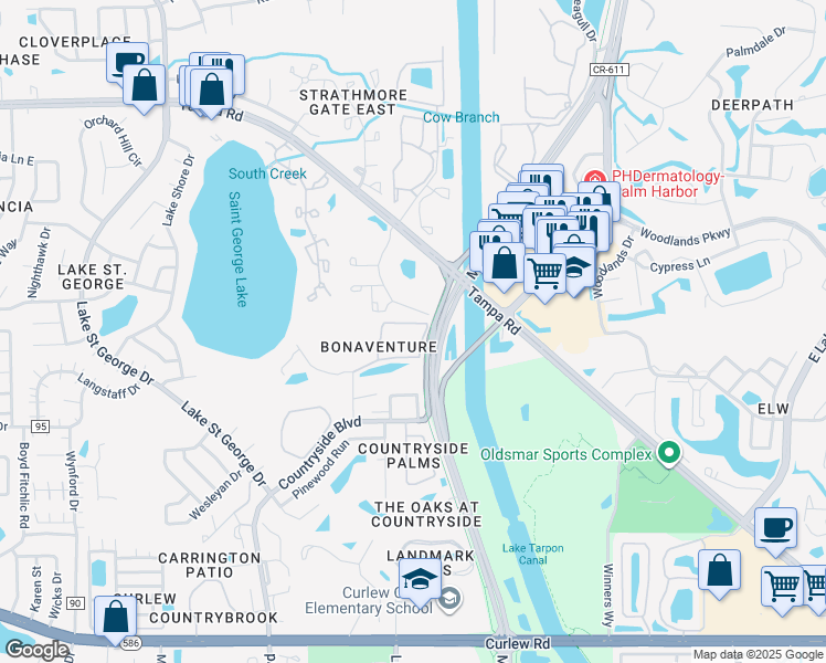 map of restaurants, bars, coffee shops, grocery stores, and more near 2990 Bonaventure Circle in Palm Harbor
