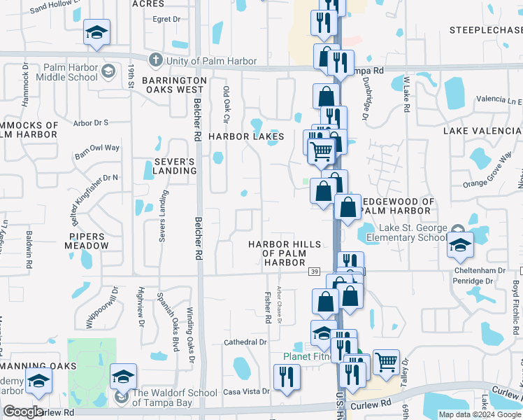 map of restaurants, bars, coffee shops, grocery stores, and more near 4450 Winding Willow Drive in Palm Harbor