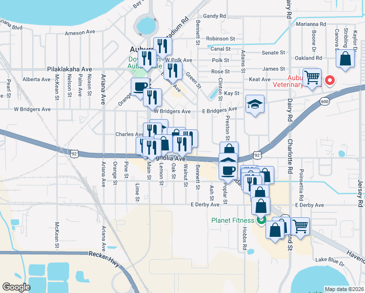 map of restaurants, bars, coffee shops, grocery stores, and more near 202 Magnolia Avenue in Auburndale