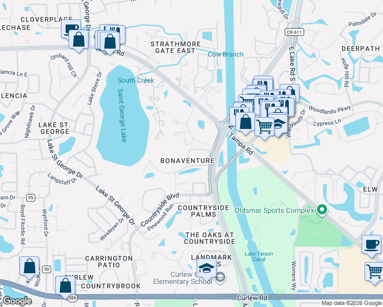 map of restaurants, bars, coffee shops, grocery stores, and more near 3024 Bonaventure Circle in Palm Harbor