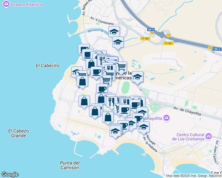 map of restaurants, bars, coffee shops, grocery stores, and more near Calle Siete Islas in Playa de la Américas