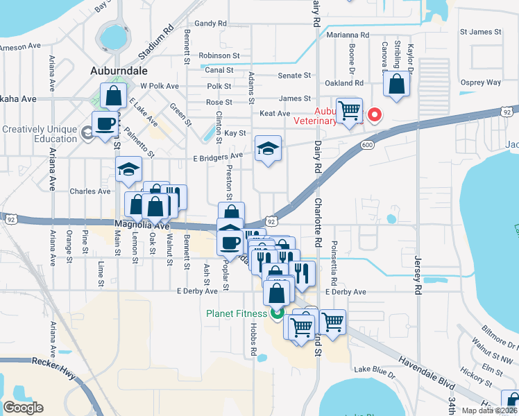 map of restaurants, bars, coffee shops, grocery stores, and more near 318 1st Street in Auburndale