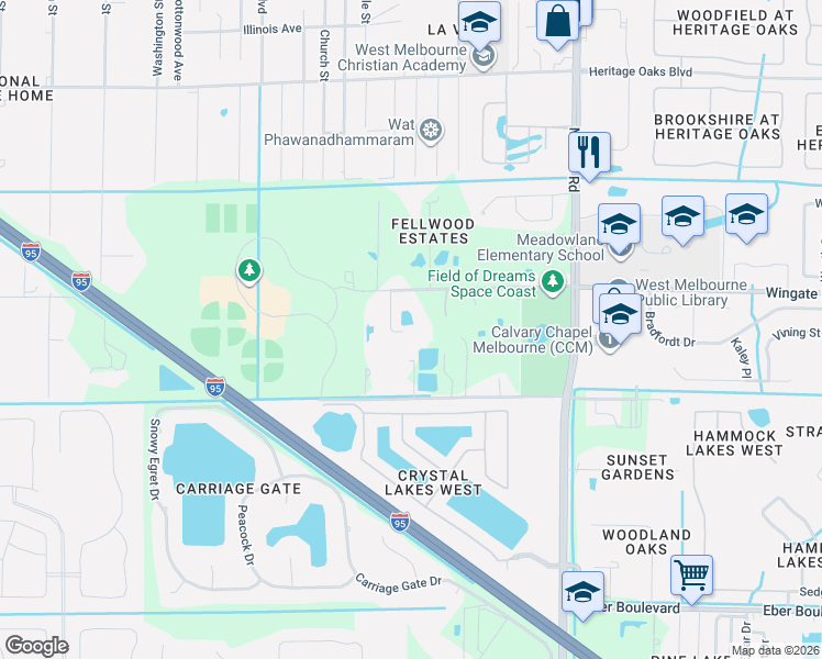 map of restaurants, bars, coffee shops, grocery stores, and more near 2992 J Cobber Court in Melbourne