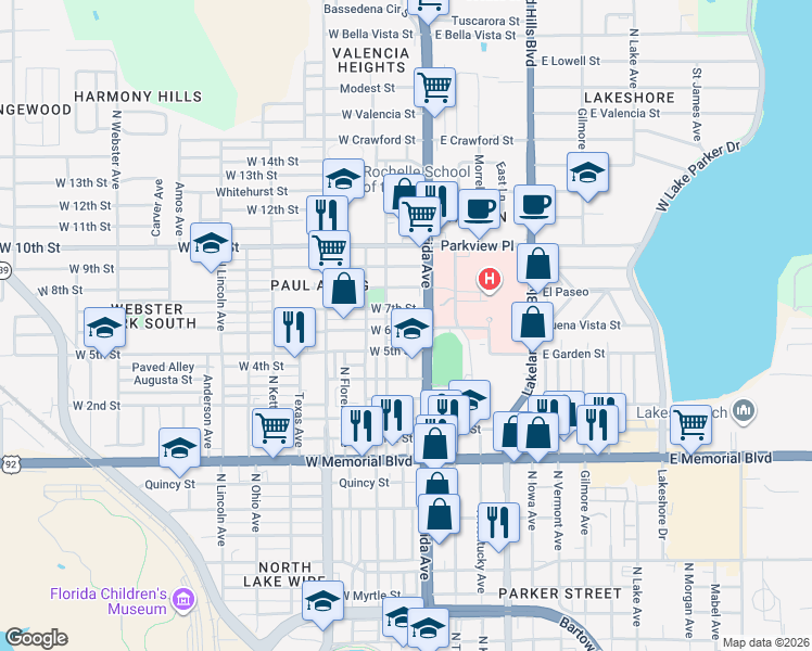 map of restaurants, bars, coffee shops, grocery stores, and more near 111 West 5th Street in Lakeland