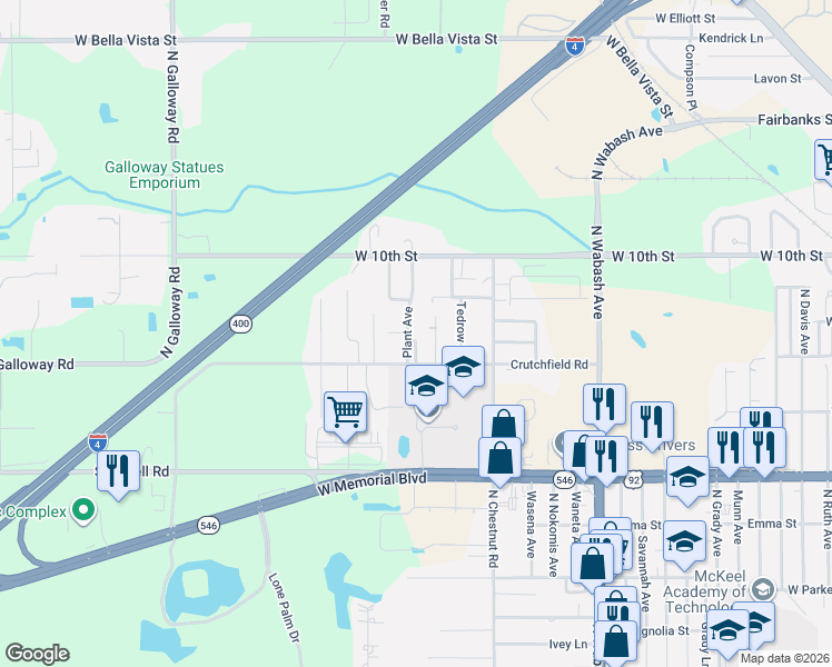 map of restaurants, bars, coffee shops, grocery stores, and more near 1211 Plant Avenue in Lakeland