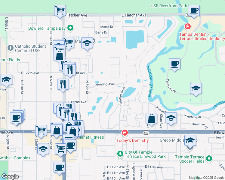 map of restaurants, bars, coffee shops, grocery stores, and more near 6012 Laketree Lane in Tampa