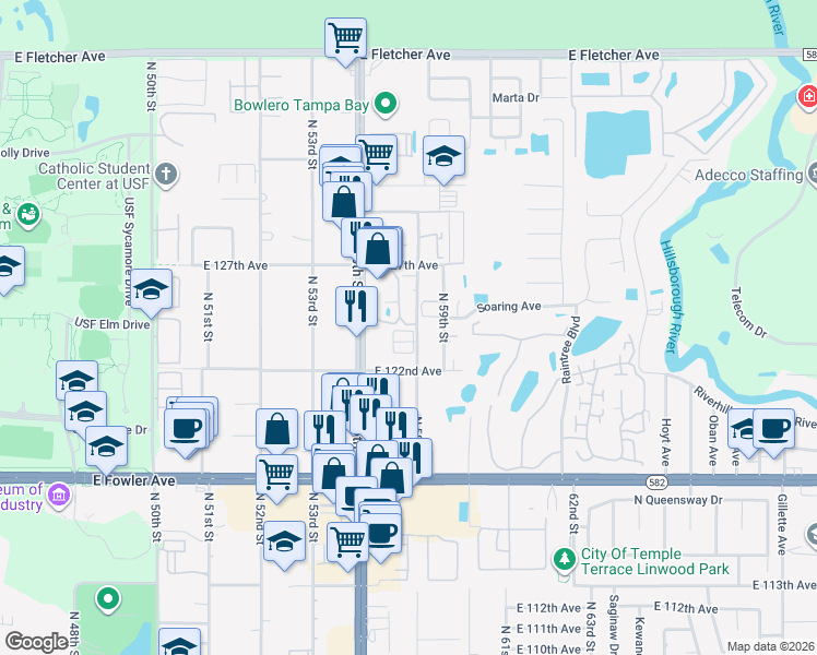 map of restaurants, bars, coffee shops, grocery stores, and more near 12310 Touchton Drive in Tampa