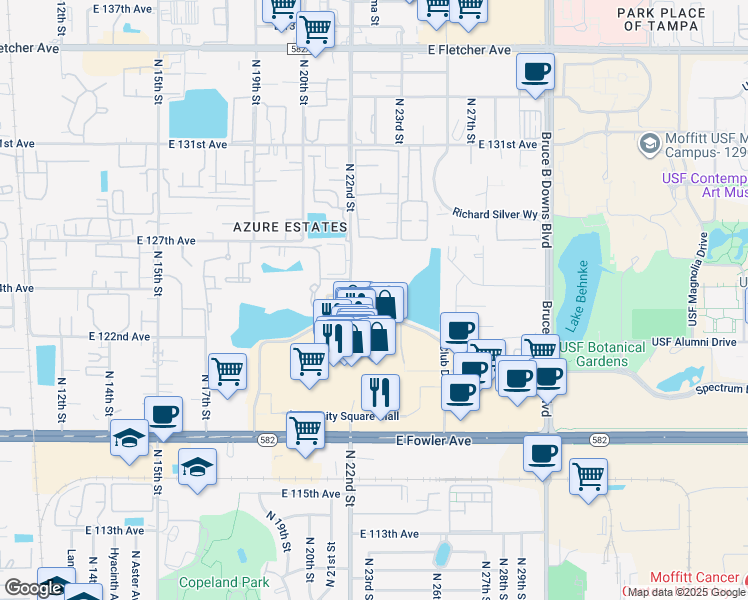 map of restaurants, bars, coffee shops, grocery stores, and more near 12702 Club Drive in Tampa