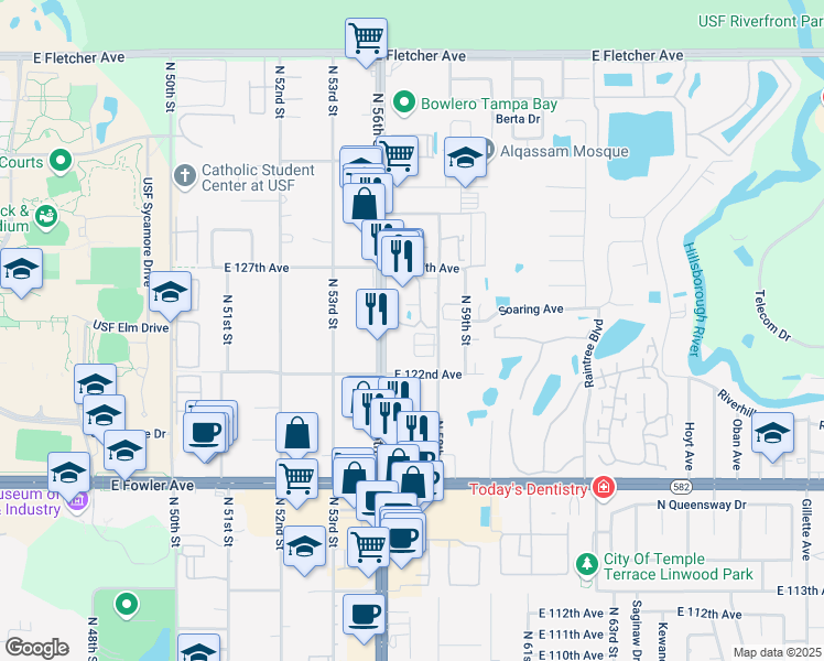 map of restaurants, bars, coffee shops, grocery stores, and more near 5641 Ashley Oaks Drive in Tampa